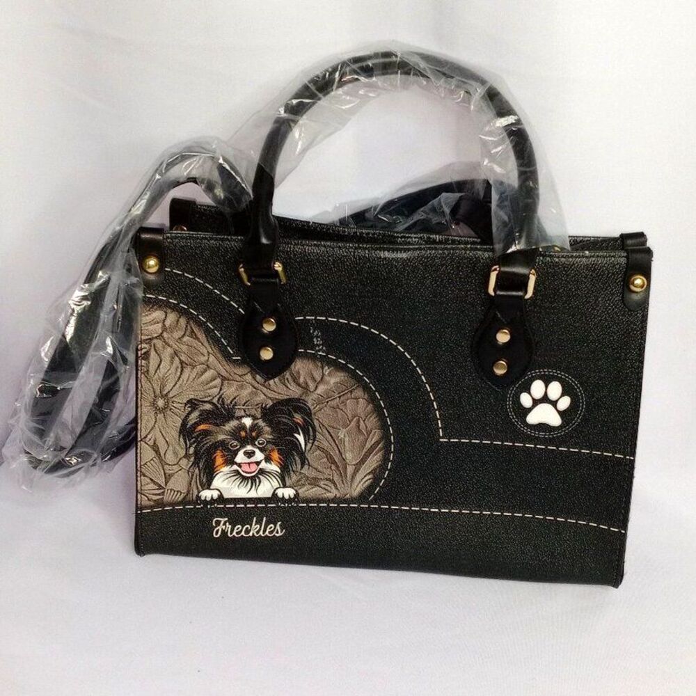 Freckles Brown Leather Tote Bag Embossed Purse Dog Paw Print Large Pockets NWT